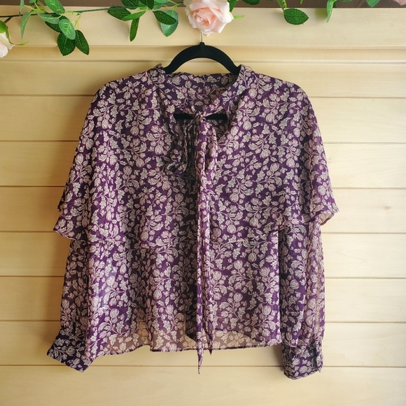 Zara Tops Zara Floral Sheer Tie Neck Blouse Poshmark